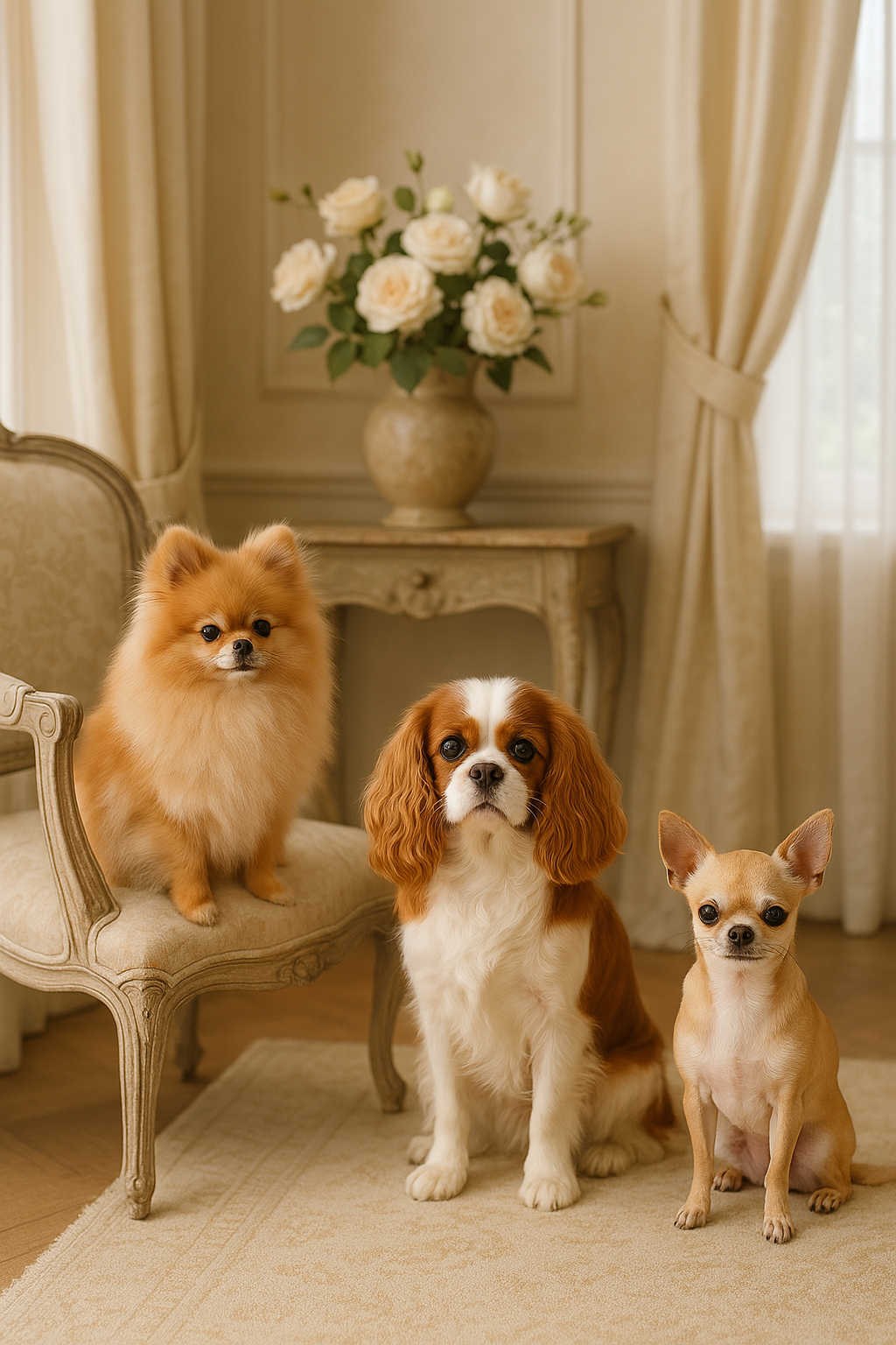 Trois petits chiens élégants posent dans un salon raffiné, décoré de fauteuils anciens et d’un bouquet de roses blanches, baigné de lumière naturelle