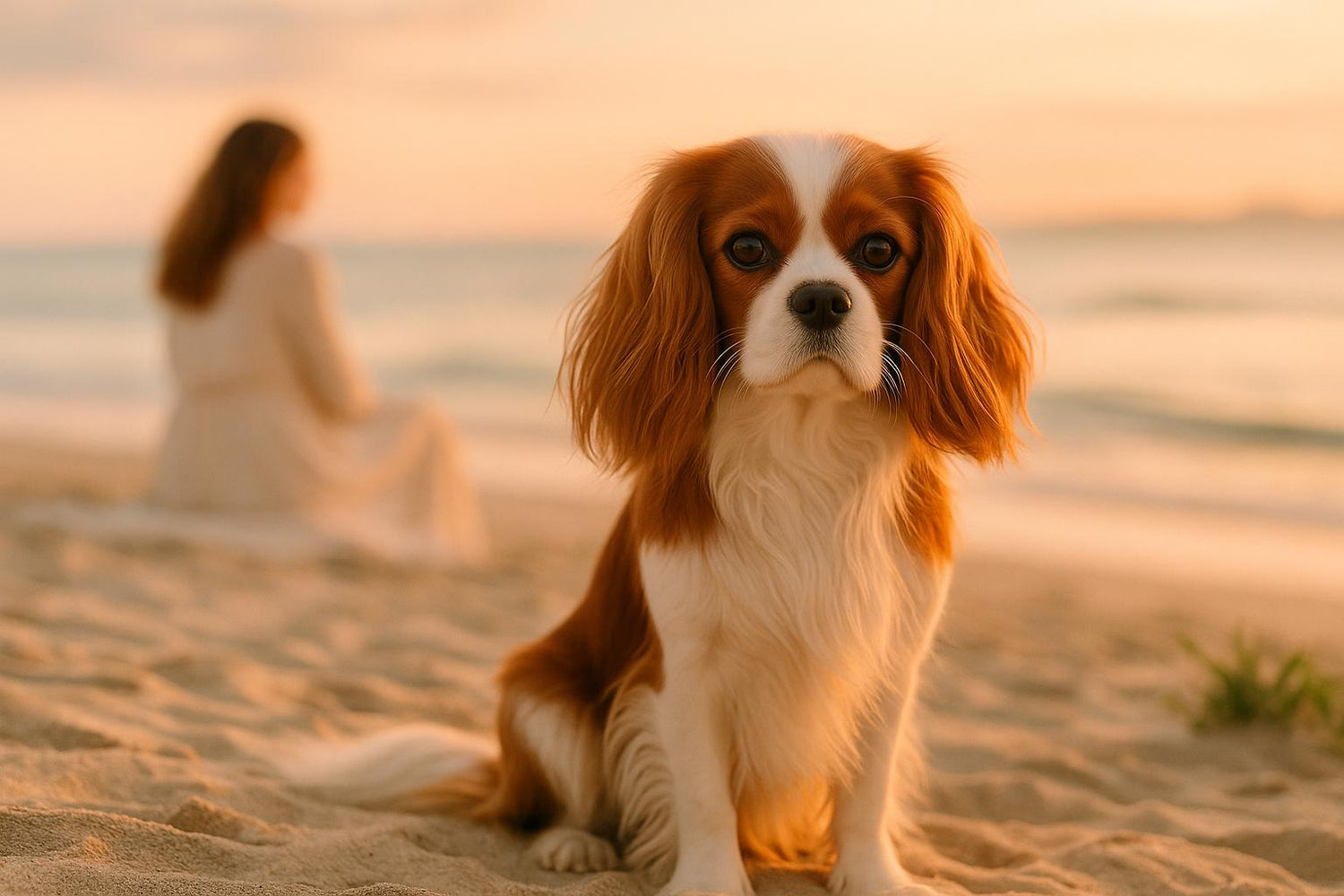 Cavalier King Charles assis sur la plage au coucher du soleil, regard tendre, avec une femme en arrière-plan – instant doux et élégant dans l’univers Pretty Pet Box