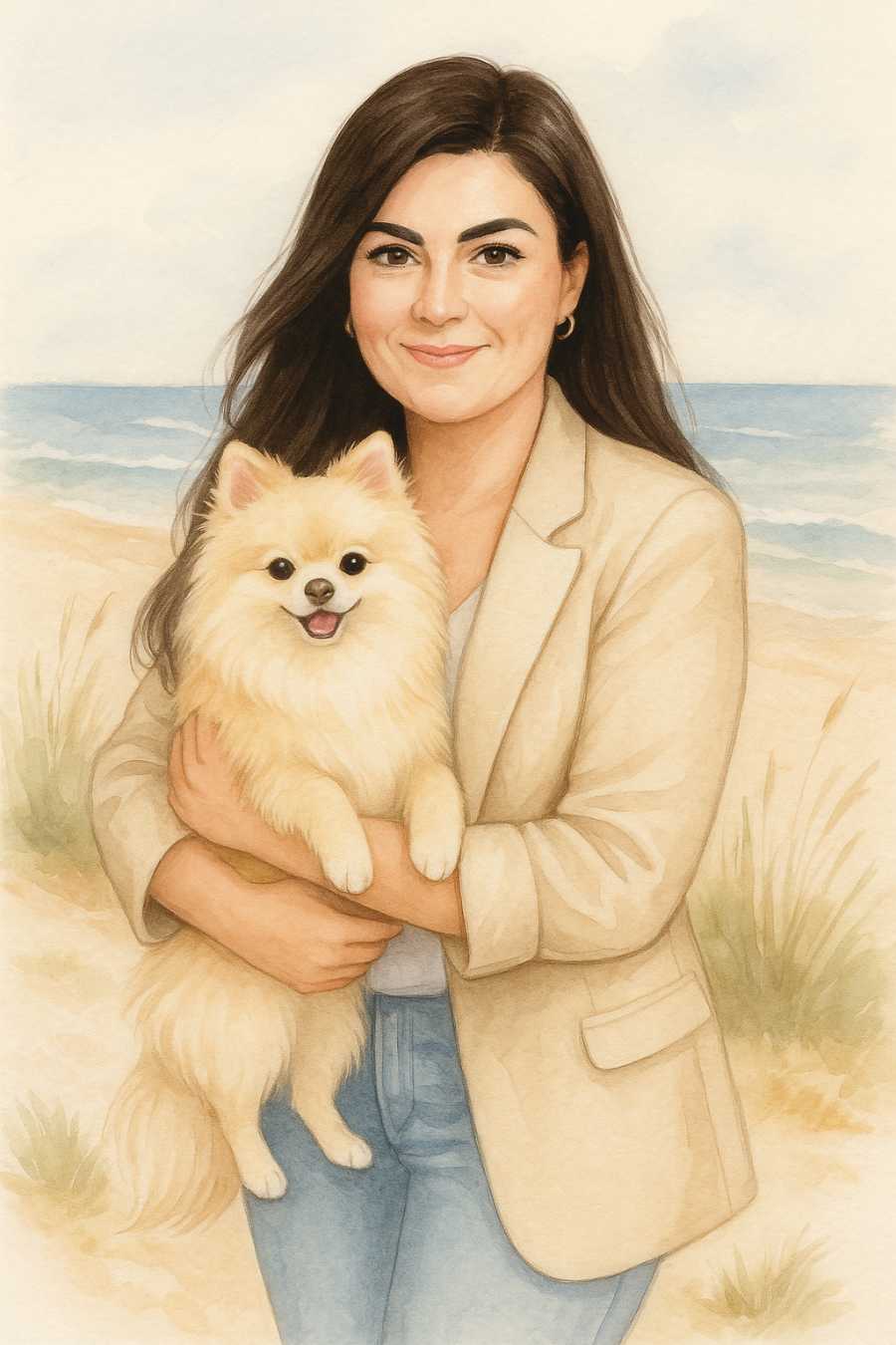 Portrait illustré d’une femme souriante tenant un petit chien spitz nain crème dans ses bras, sur fond de plage élégante et douce ambiance estivale