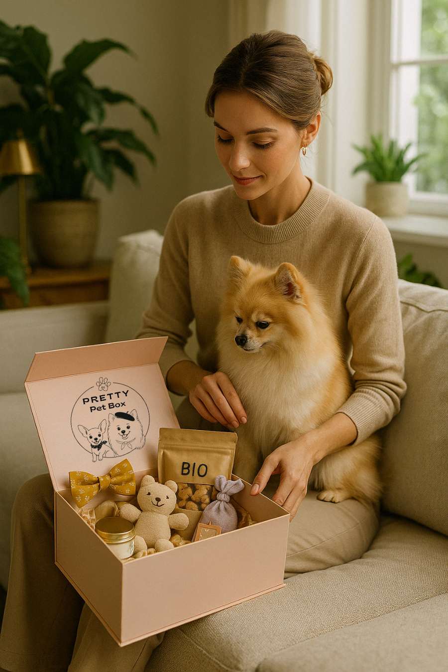 Femme élégante assise avec un petit chien sur ses genoux, ouvrant une box Pretty Pet Box contenant des accessoires et friandises bio – moment chic et complice à la maison pour les petits chiens