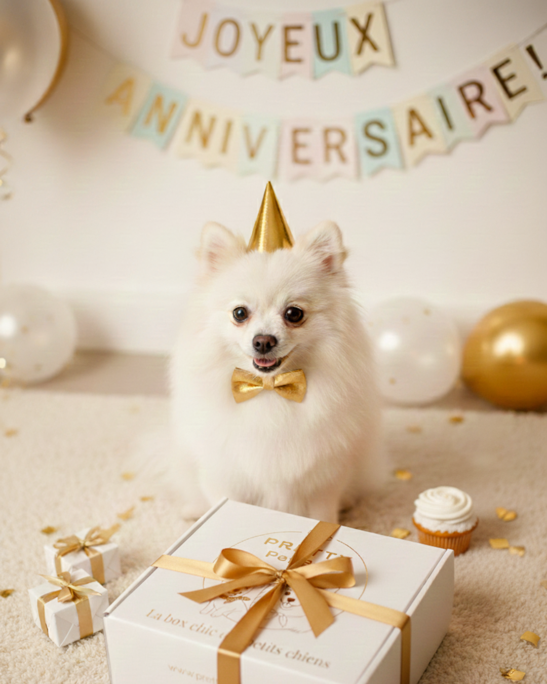 Box anniversaire petit chien comme spitz, teckel nain, chihuahua, cavalier king charles, bichon, yorkshre, pomsky etc. Le coffret idéal à offrir en cadeau. Contenant 4 produits. Livraison offerte en 7 jours.