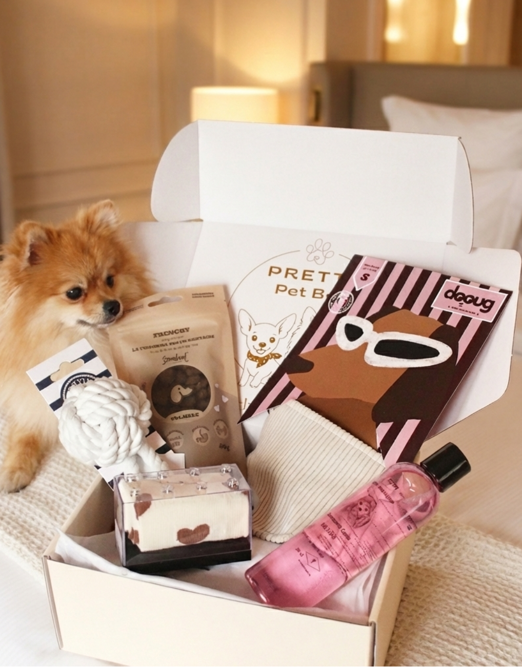Box pour petit chien, spitz, chihuahua, yorshire, teckel, pomski.  Coffret  contenant une friandise, hygiène, soin, accessoire, surprise. Cadeau chic mensuel par abonnement pour chien