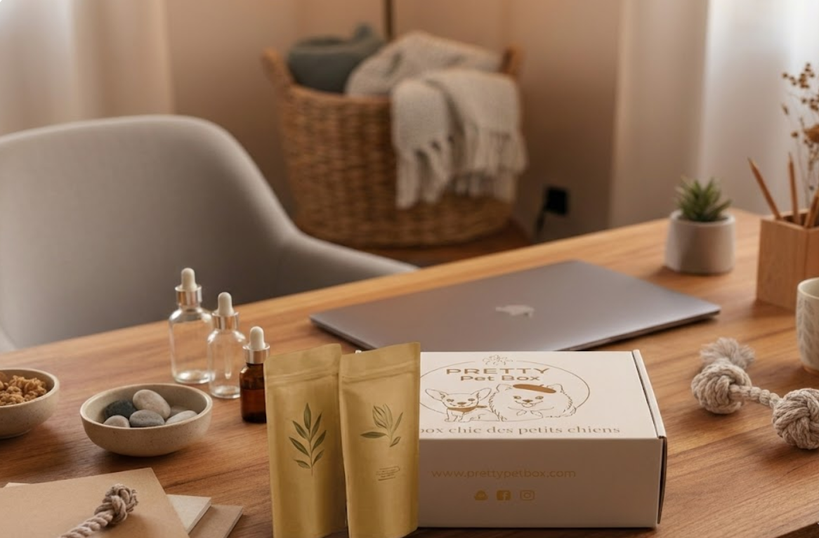 Box pour chien Eco responsable contenant 5 produits sélectionnés avec soin. Coffret idéal pour petit chien, abonnement mensuel, livraison rapide.