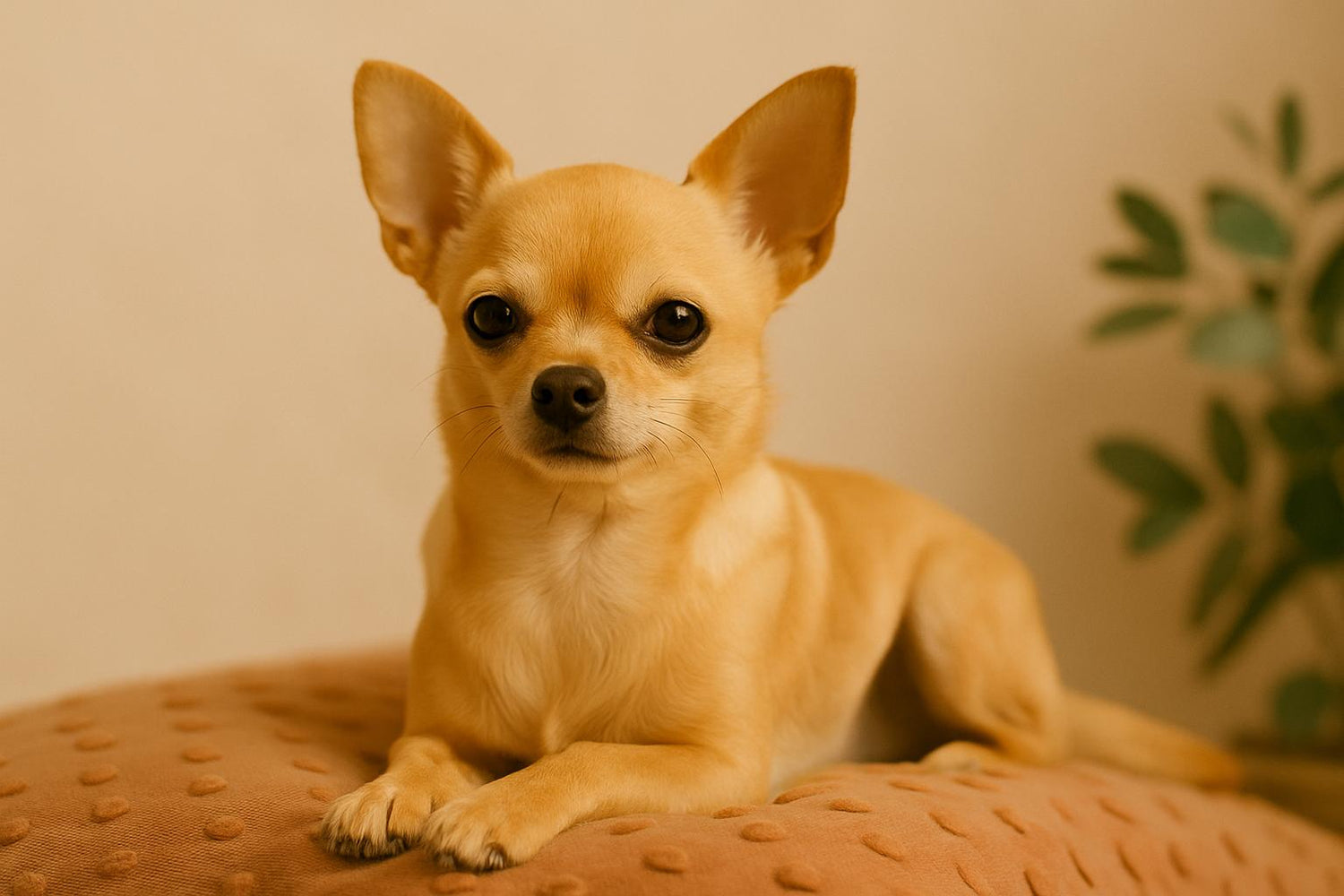 Chihuahua beige allongé sur un coussin texturé, regard attentif, ambiance chaleureuse et élégante – univers chic pour petits chiens Pretty Pet Box