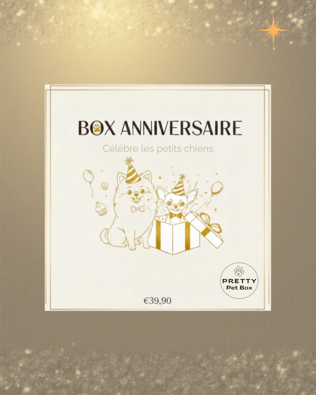 Box anniversaire petit chien comme spitz, teckel nain, chihuahua, cavalier king charles, bichon, yorkshre, pomsky etc. Le coffret idéal à offrir en cadeau. Contenant 4 produits. Livraison offerte en 7 jours.