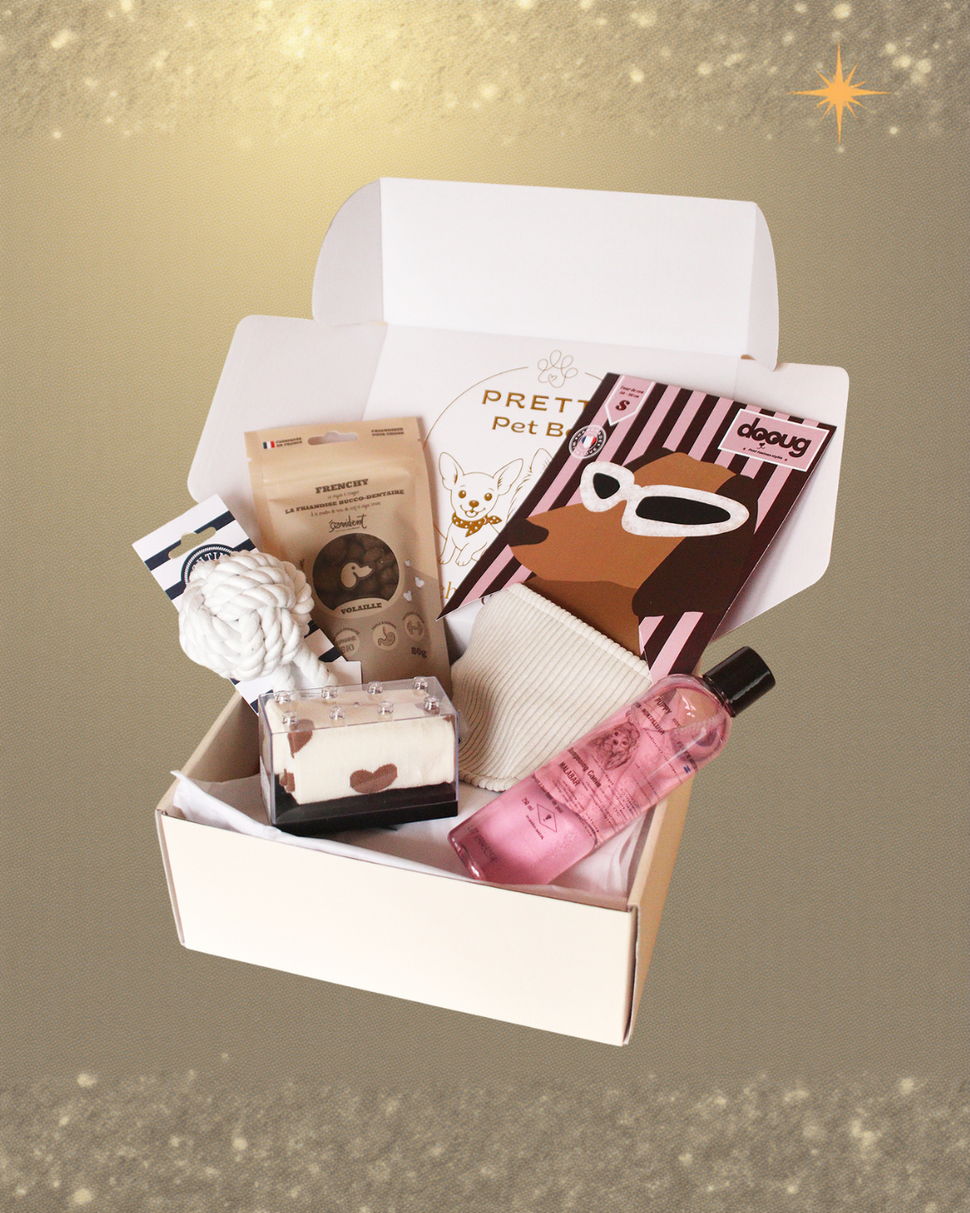 Box de Janvier 2026 Pretty Pet Box vendue à l’unité, coffret chic pour petit chien avec 5 produits sélectionnés avec soin, livraison rapide, sans abonnement