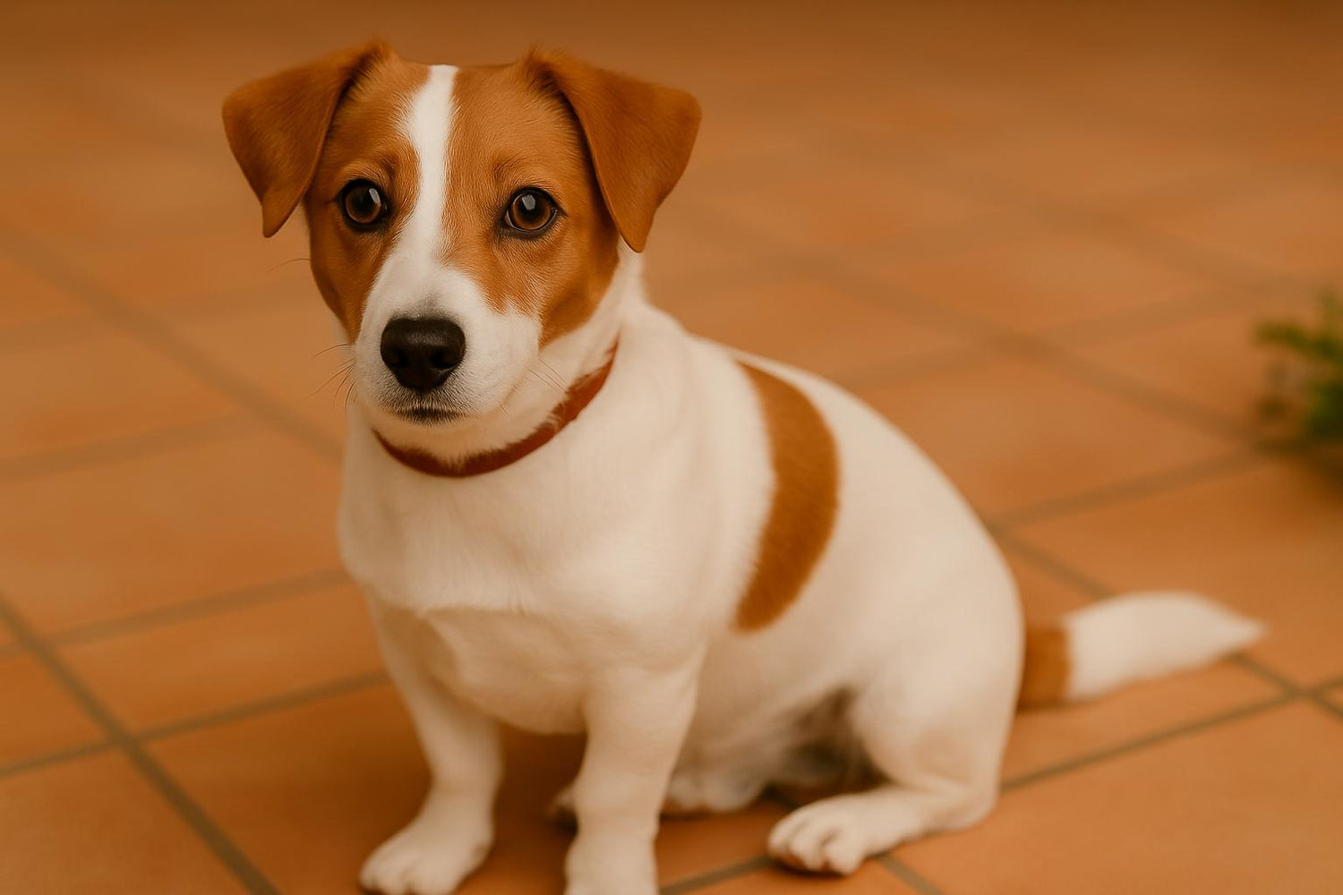 Jack Russell Terrier assis sur un sol en terre cuite, regard vif et attentif – petit chien énergique et élégant dans l’univers Pretty Pet Box
