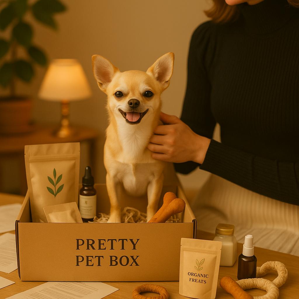 Petit chien heureux dans une box Pretty Pet Box remplie de soins, friandises bio et jouets naturels – moment de complicité et bien-être dans un univers chic et chaleureux