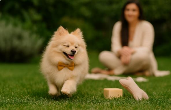 Petit spitz nain poméranien courant joyeusement sur une pelouse, avec sa dogmom en arrière-plan – moment complice et chic dans l’univers Pretty Pet Box