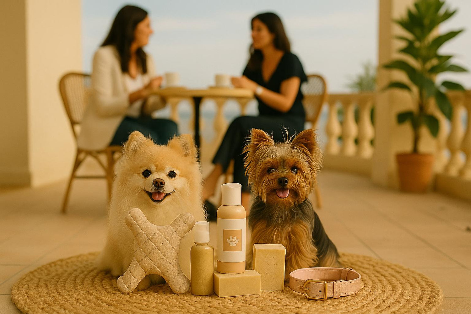 Deux petits chiens mignons sur une terrasse ensoleillée avec produits de soin, jouet et collier chic – ambiance douce et élégante, univers Pretty Pet Box