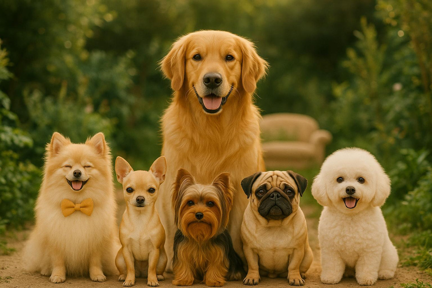 Six chiens de différentes races posant en extérieur, dont plusieurs petits chiens mignons – ambiance joyeuse et naturelle, univers Pretty Pet Box dédié aux petits chiens