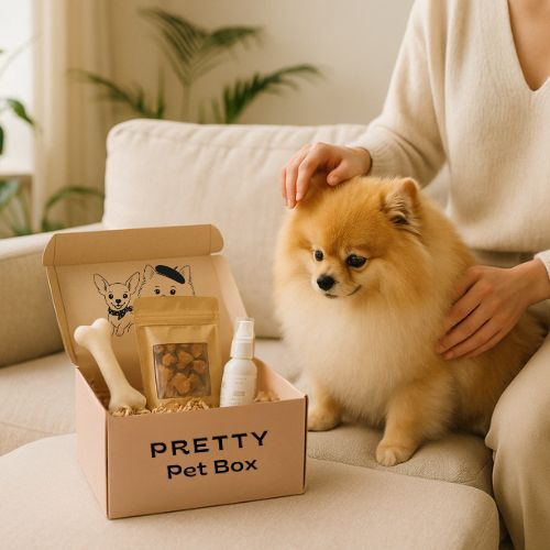 Petit chien de type Spitz assis sur un canapé, à côté d’une box Pretty Pet Box ouverte contenant friandises, jouet et soin – univers chic et cocooning pour les petits chiens
