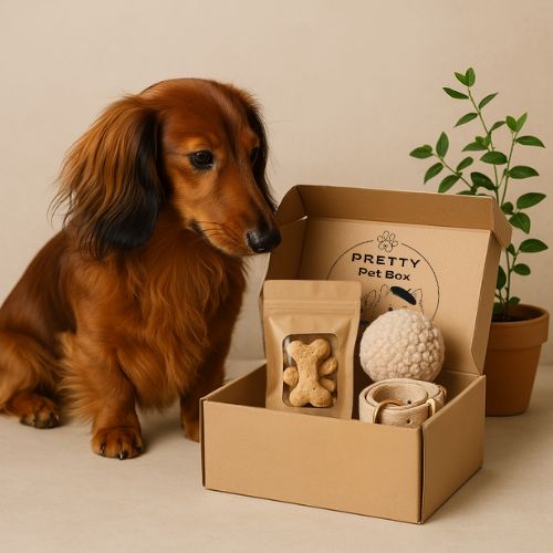 Teckel à poil long assis près d’une box Pretty Pet Box ouverte contenant friandises, jouet et gamelles – ambiance naturelle, chic et raffinée pour petits chiens