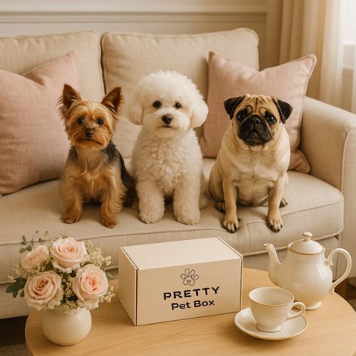Trois petits chiens (Yorkshire, Bichon, Carlin) assis sur un canapé beige avec une box Pretty Pet Box chic posée sur la table – ambiance élégante et cosy