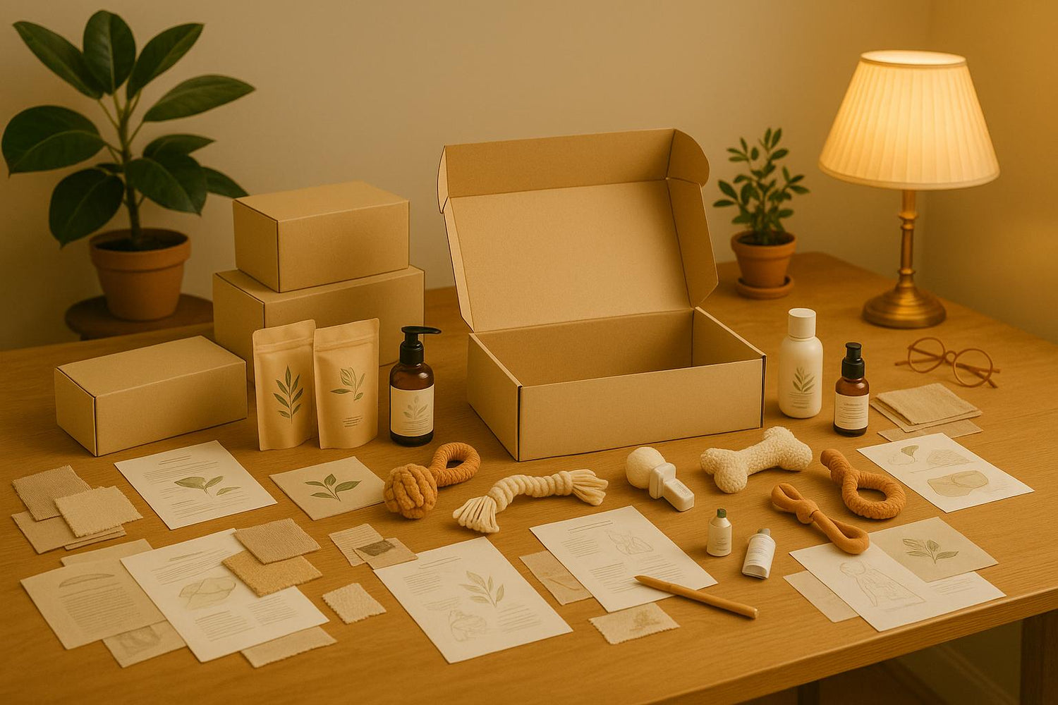 Box éco-responsable ouverte avec accessoires naturels, soins pour chien et documents illustrés sur une table en bois – ambiance chic, naturelle et artisanale Pretty Pet Box